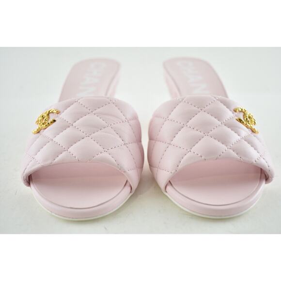 Chanel 22P Light Pink Lambskin Quilted CC Logo Cone Heel Mule Slide Sandal 42 - Picture 6 of 11